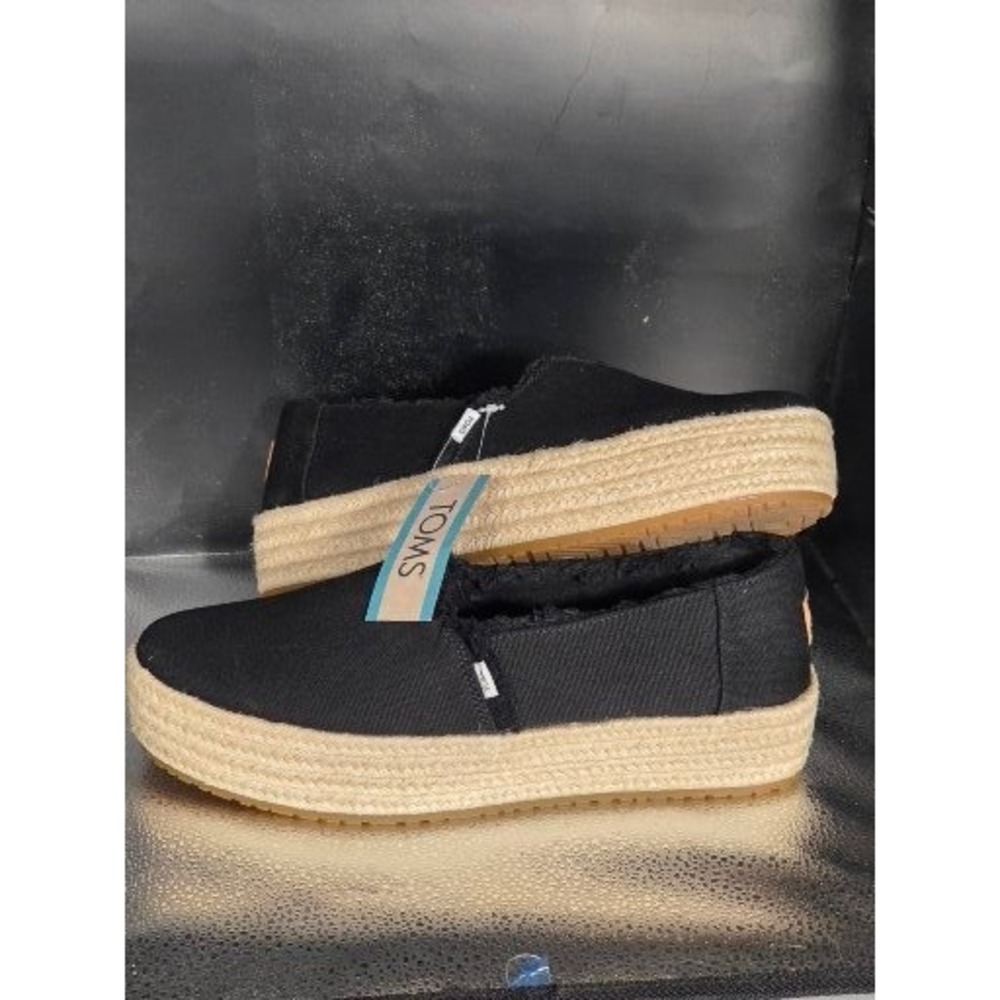 Toms Valencia Black Canvas Fray Platform Espadrille Slip On Shoes Womens 10 NEW
